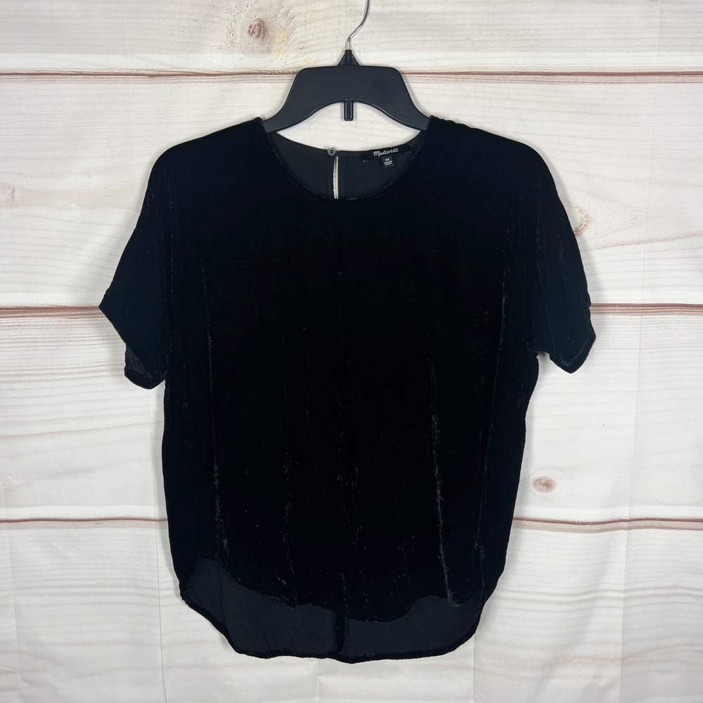 Madewell Top Women XS Black Velvet Silk Blend Blouse Short Sleeve Pullover Solid